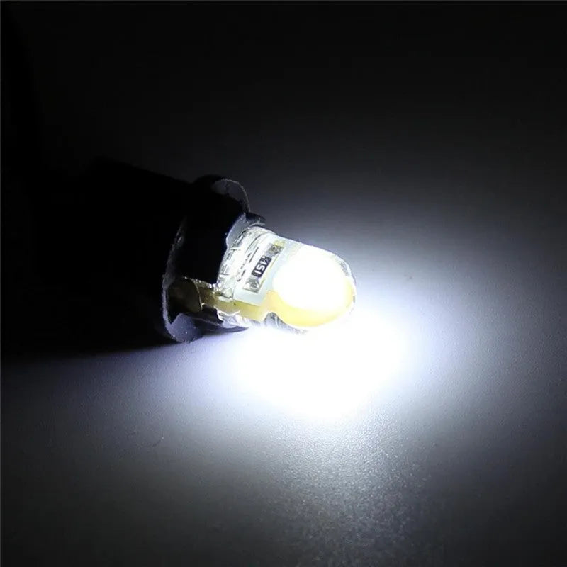 T10 COB LED bulb 21.5mm length 9.5mm diameter silicone body 12V DC automotive