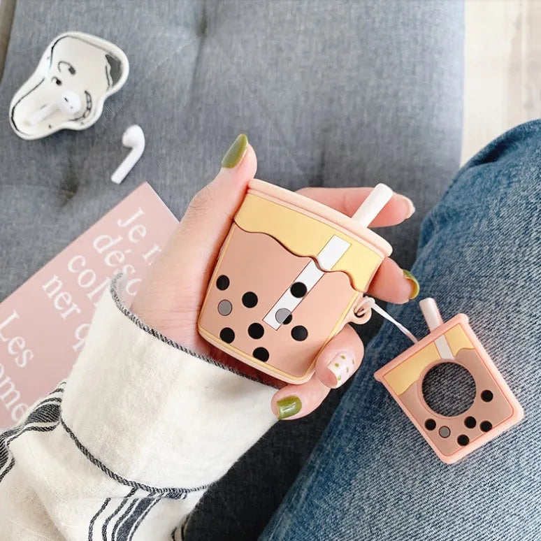 Milk tea silicone earphone cover for Apple AirPods 2nd generation in green, orange, pink, purple colours on white background