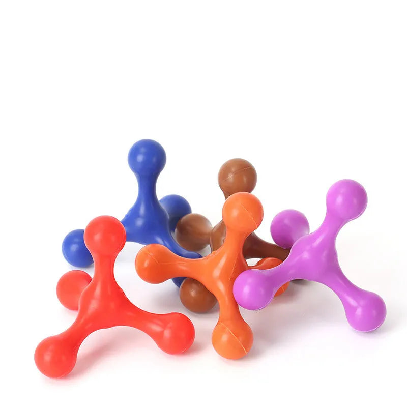 Blue three-legged silicone chew toy for small dogs on a white background.