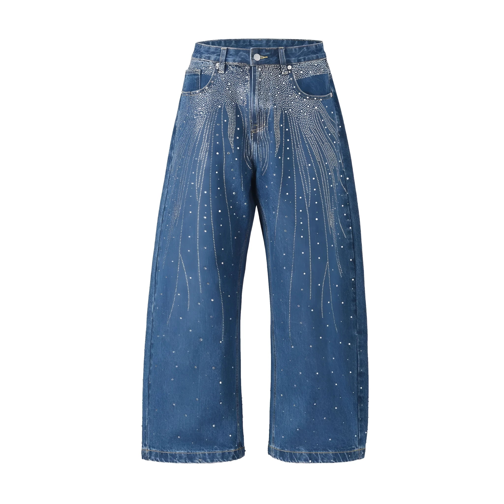 Blue loose-fit wide-leg cotton trousers for teenagers, pullover style, flat lay on neutral background