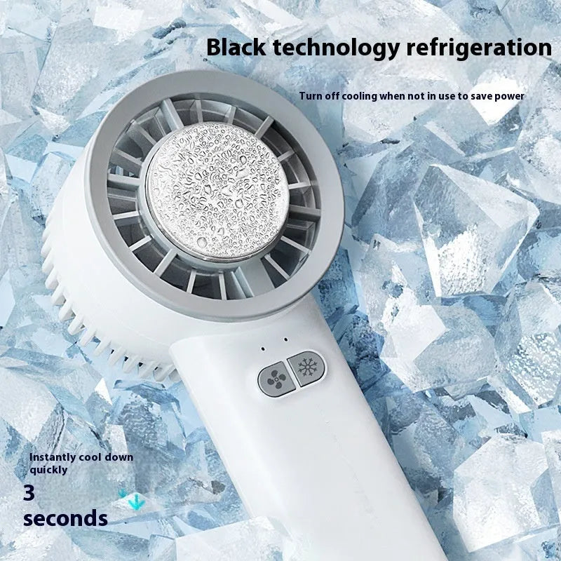 White handheld turbo jet fan with 18°C ice cooling and 6m/s airflow