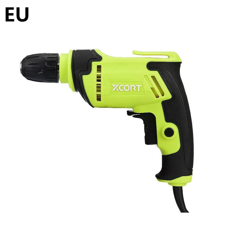 A black pistol-grip style AC electric drill with a 10mm chuck, shown on a workbench.
