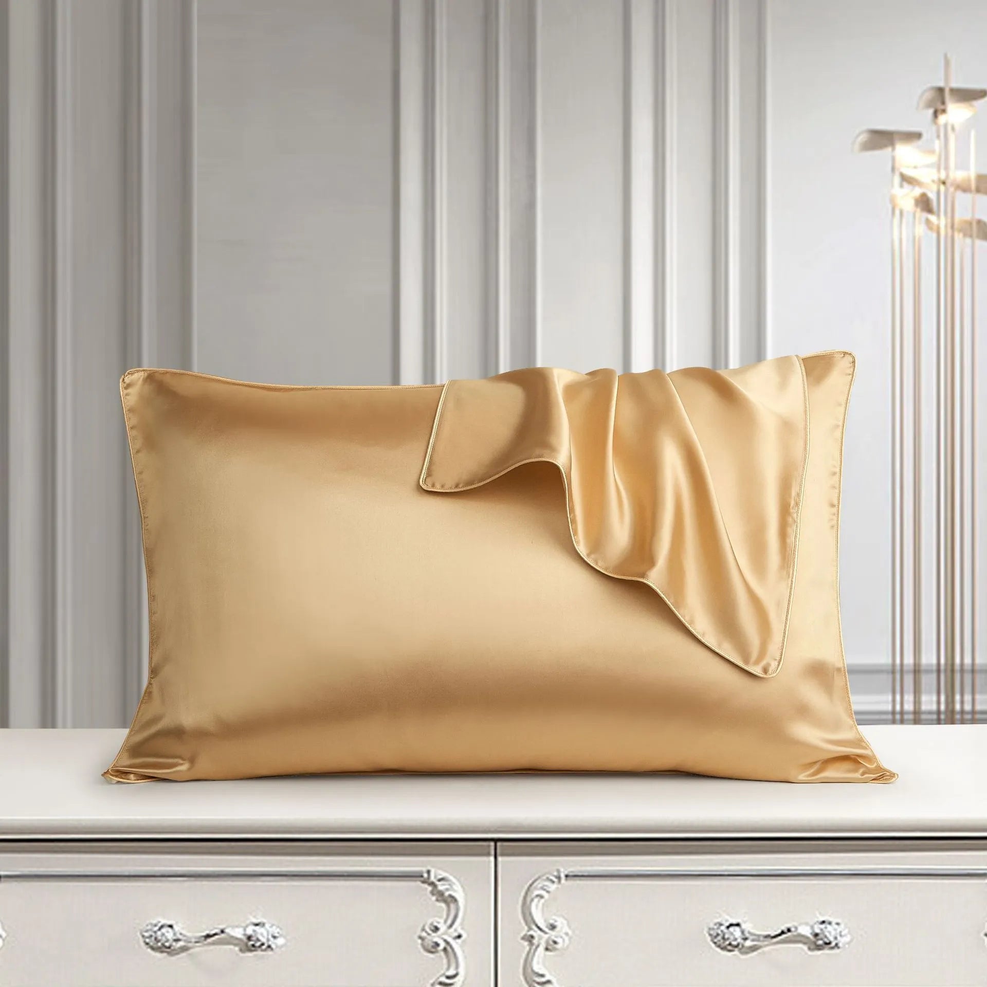 100% mulberry silk pillowcase 48x74cm palace luxury style with inlaid rope edge in champagne gold
