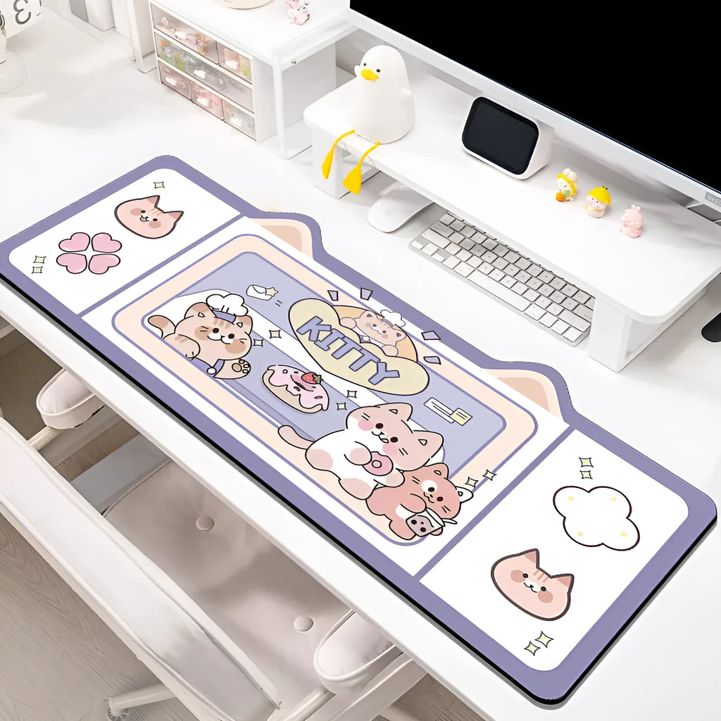 Shaped oversized desk pad with natural rubber base in pink bunny, purple bear or purple kitten design