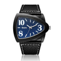 Men's triangle belt quartz watch showing 9mm thickness in brown, black or blue colour options
