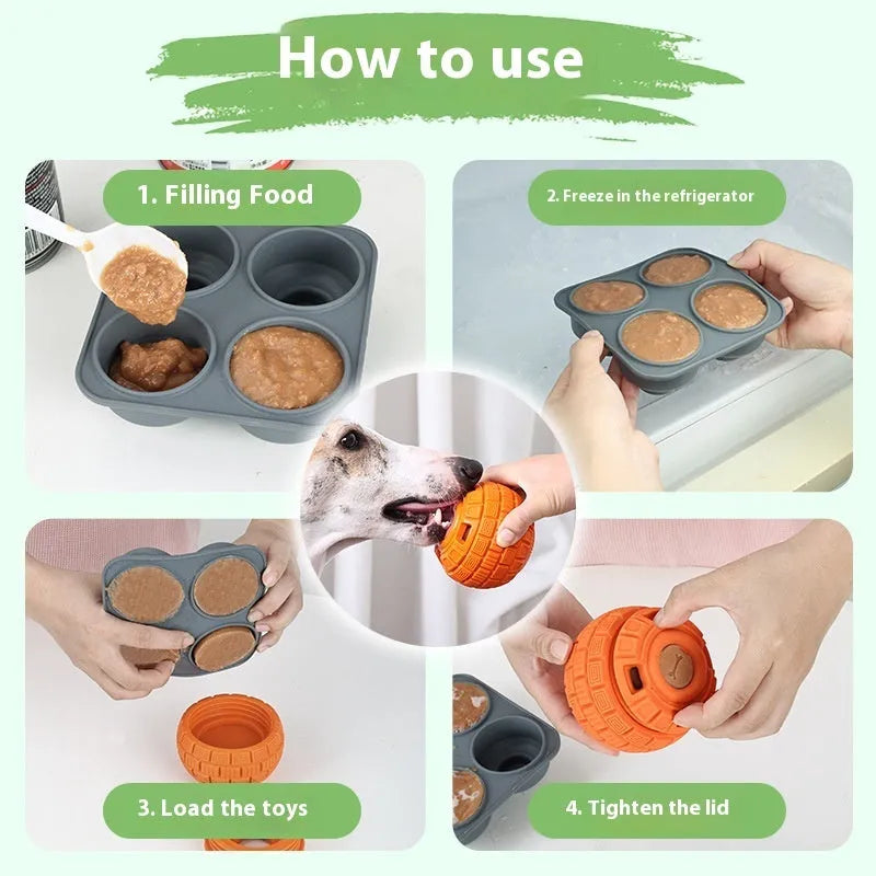 Natural rubber food dropping ball pet toy in green and orange, 14cm long, on light background