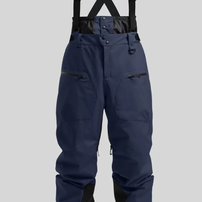 Men's black waterproof ski trousers with adjustable waist straps, shown laid flat.