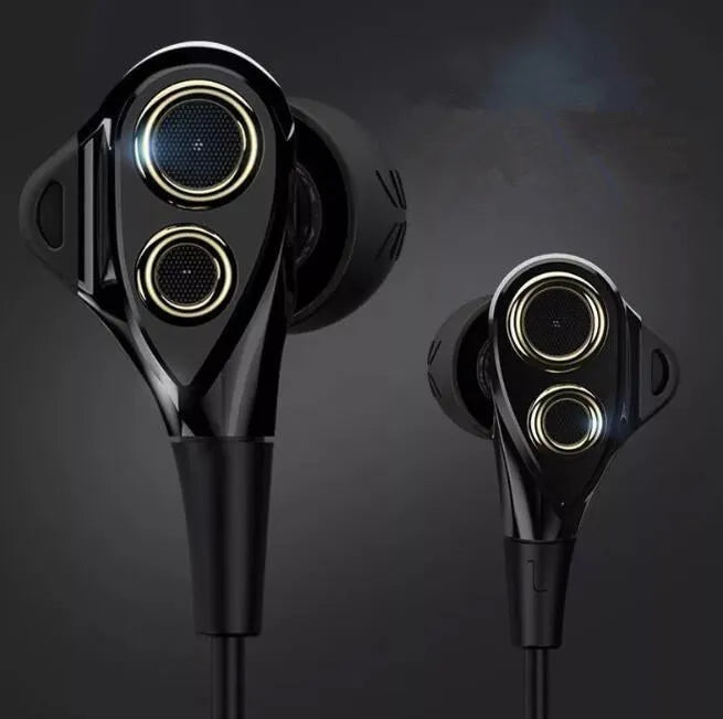Metal double moving coil in-ear earphone with heavy bass and inline microphone in black finish