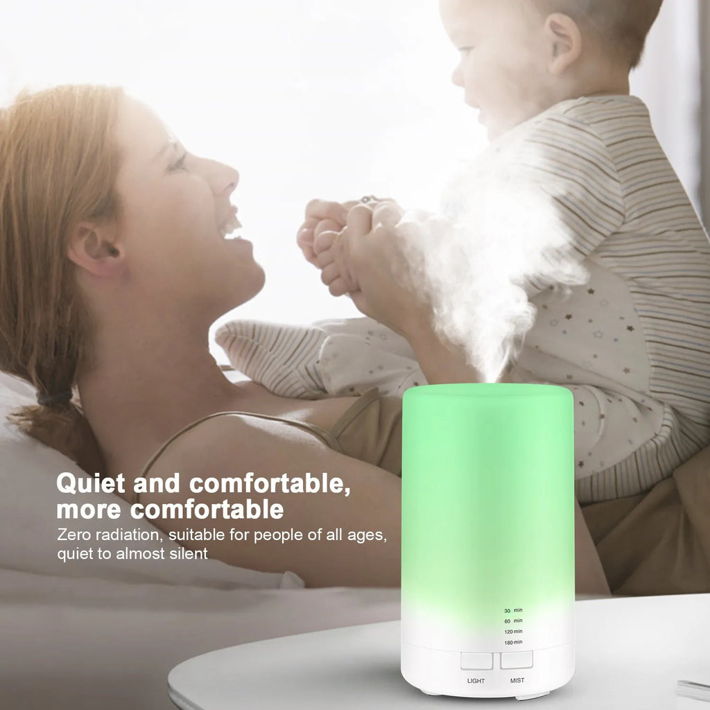 White USB mini ultrasonic aromatherapy diffuser with 125ml tank and 7 LED colour modes