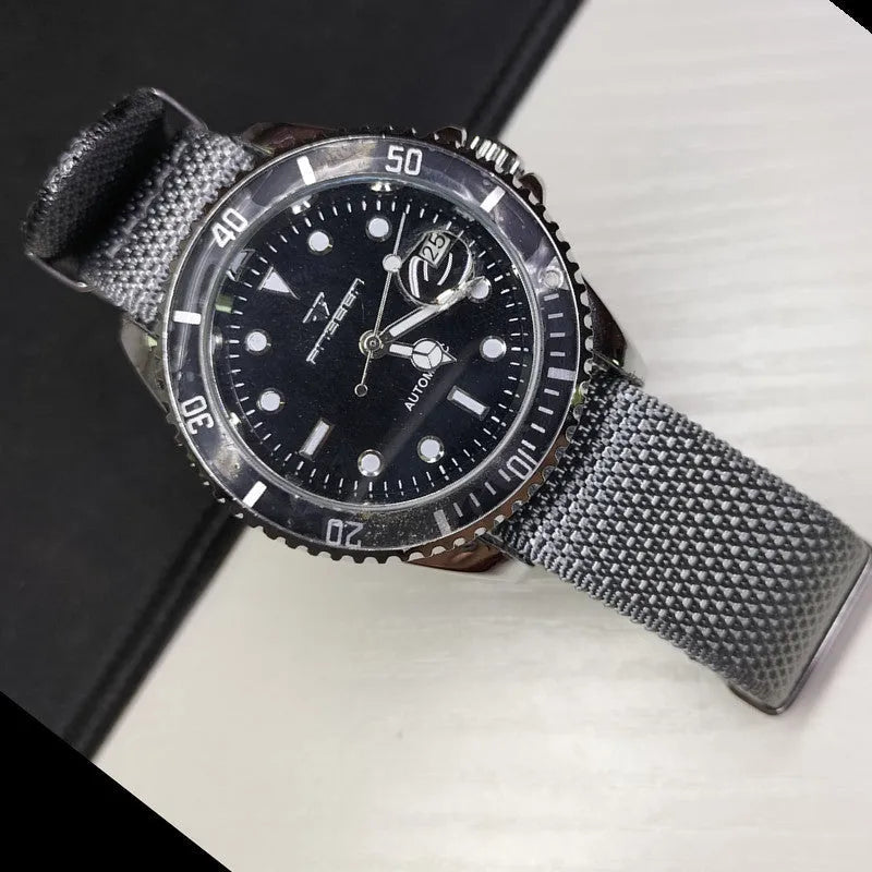 20mm wide nylon integrated watch strap in five colour options on a watch case.