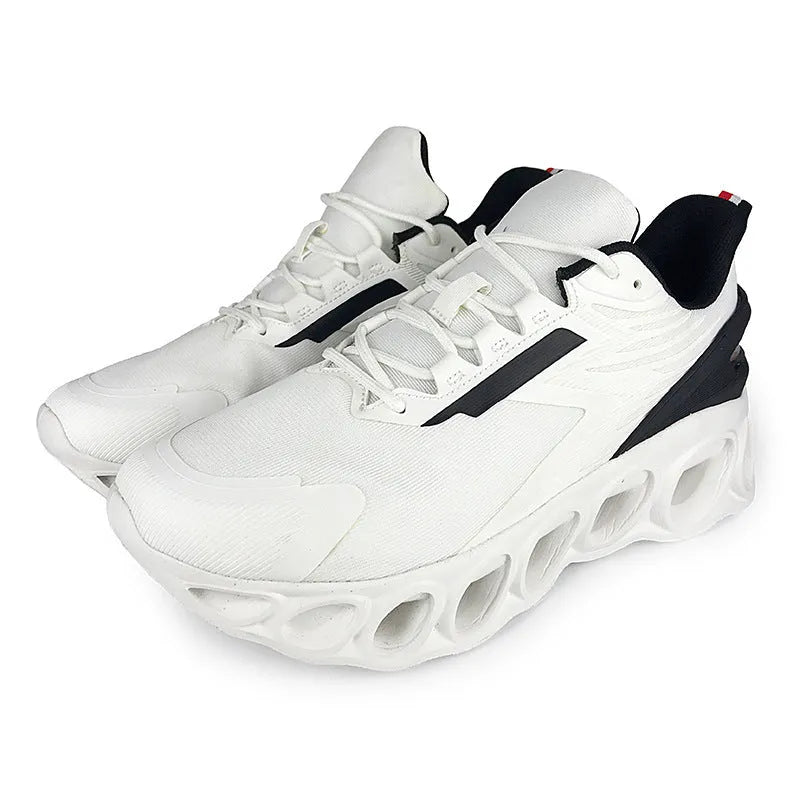 Men's black breathable low-top casual sports shoes with mesh upper and white EVA sole on a plain background.