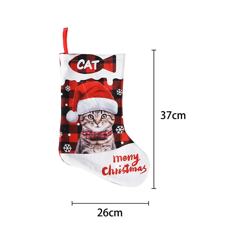Printed cloth Christmas banner with plaid puppy and cat design, 26x36cm, shown in blue and black colourway.