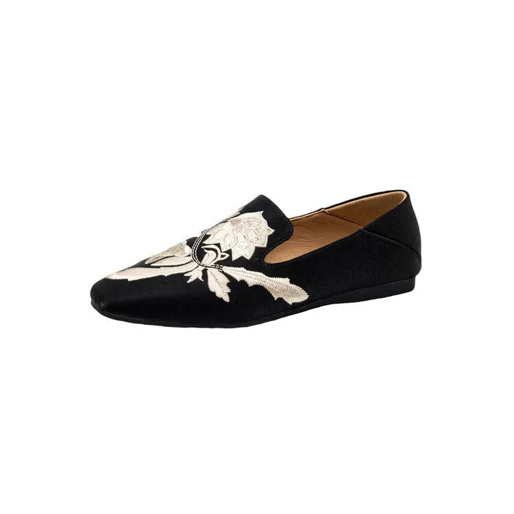 Women's embroidery low-cut flat pumps soft bottom retro round toe cloth shoes mid heel black green milky white