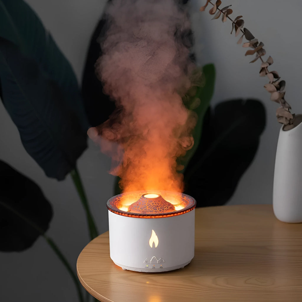 New two-colour spray ring volcano humidifier in black with a round body and single fog outlet