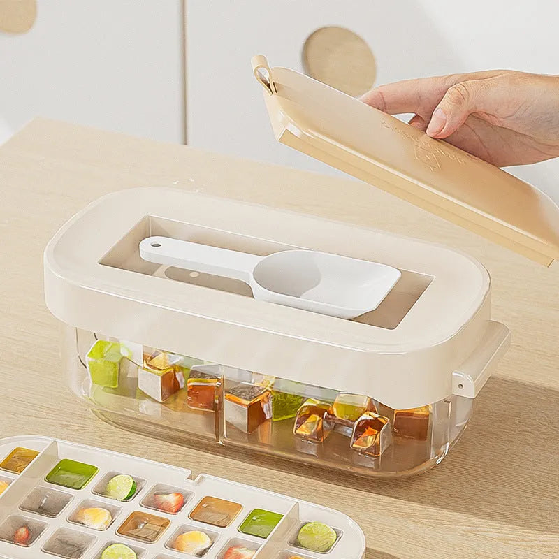 High capacity ice cube tray grid with lever mechanism, food grade PP PET TPE, includes ice shovel, blue colour