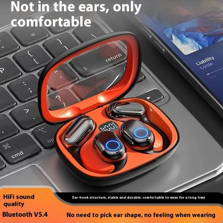 Gaming OWS open wireless Bluetooth headset in orange black with ear hook design and digital display