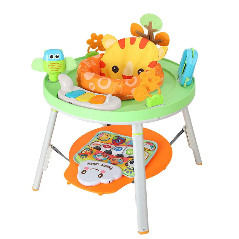 Baby in three-in-one jumper seat with duck design, bouncing with interactive toys