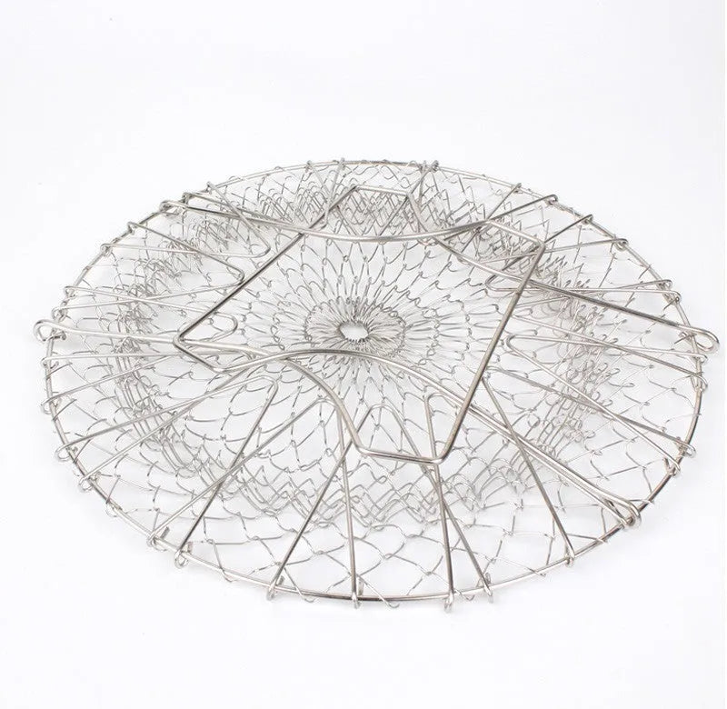 Stainless steel foldable deep fry basket with handle, 23cm size, on a kitchen counter