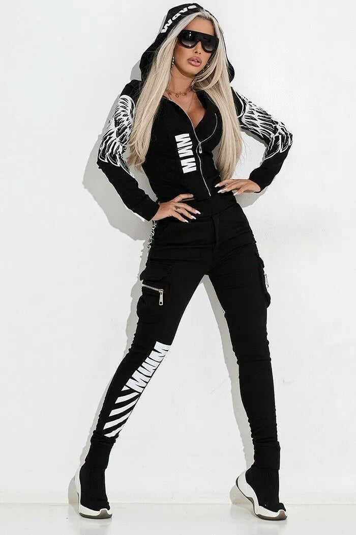 Women's black wings print streetwear suit with hooded jacket and matching trousers