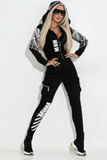 Women's black wings print streetwear suit with hooded jacket and matching trousers