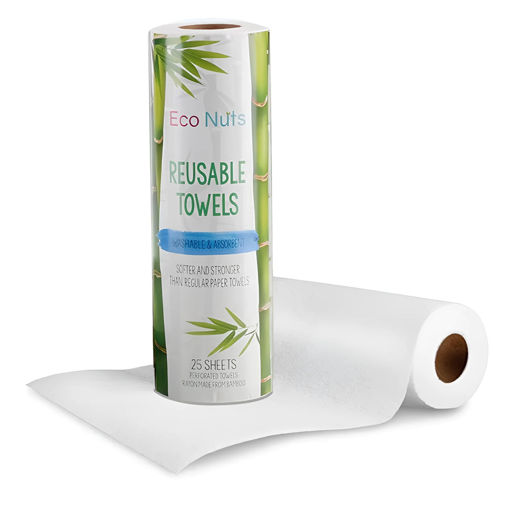 Reusable bamboo kitchen paper towel roll on countertop, absorbent and washable cloth alternative to disposable towels