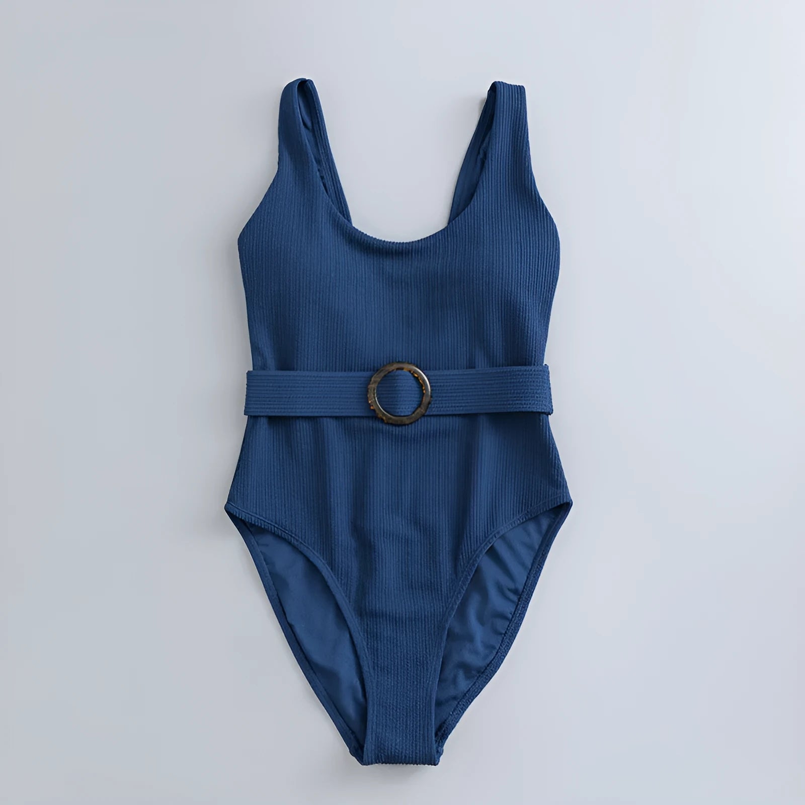 Navy blue women's one-piece swimsuit with triangle neckline and chest pads