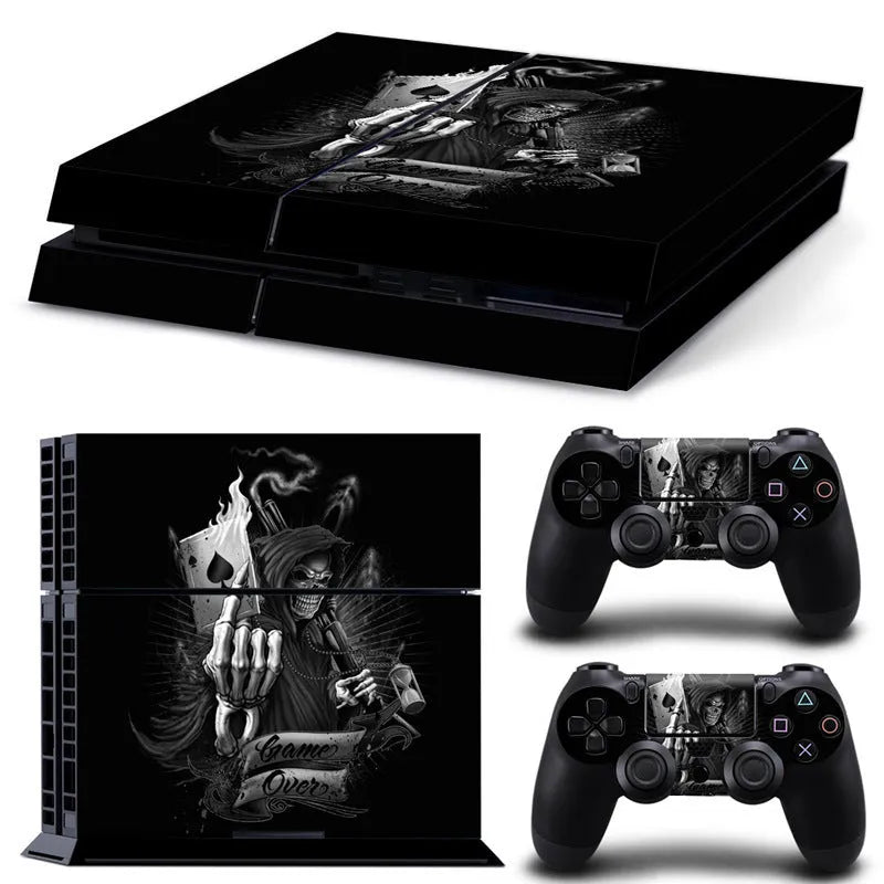 PS4 console with applied black PVC decal skin sticker showing high-definition print