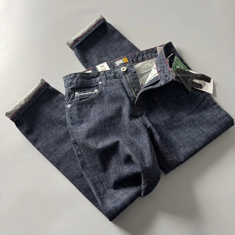 Men's straight leg jeans in primary colour cotton denim fabric with non-elastic waistband
