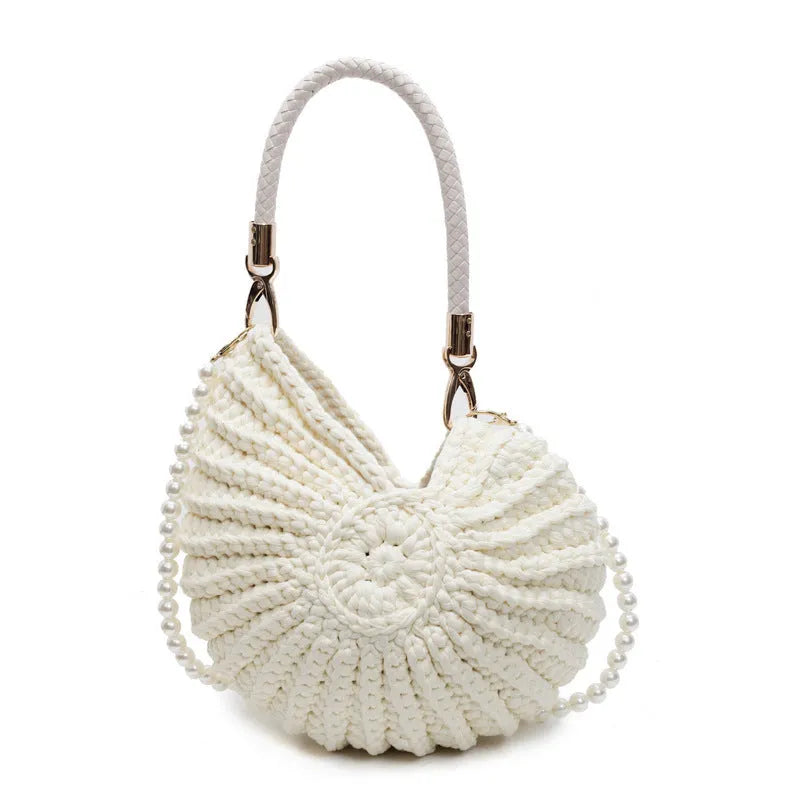 Handmade woven cloth bag for women, shell shape, open pocket, double shoulder straps, available in five retro colours