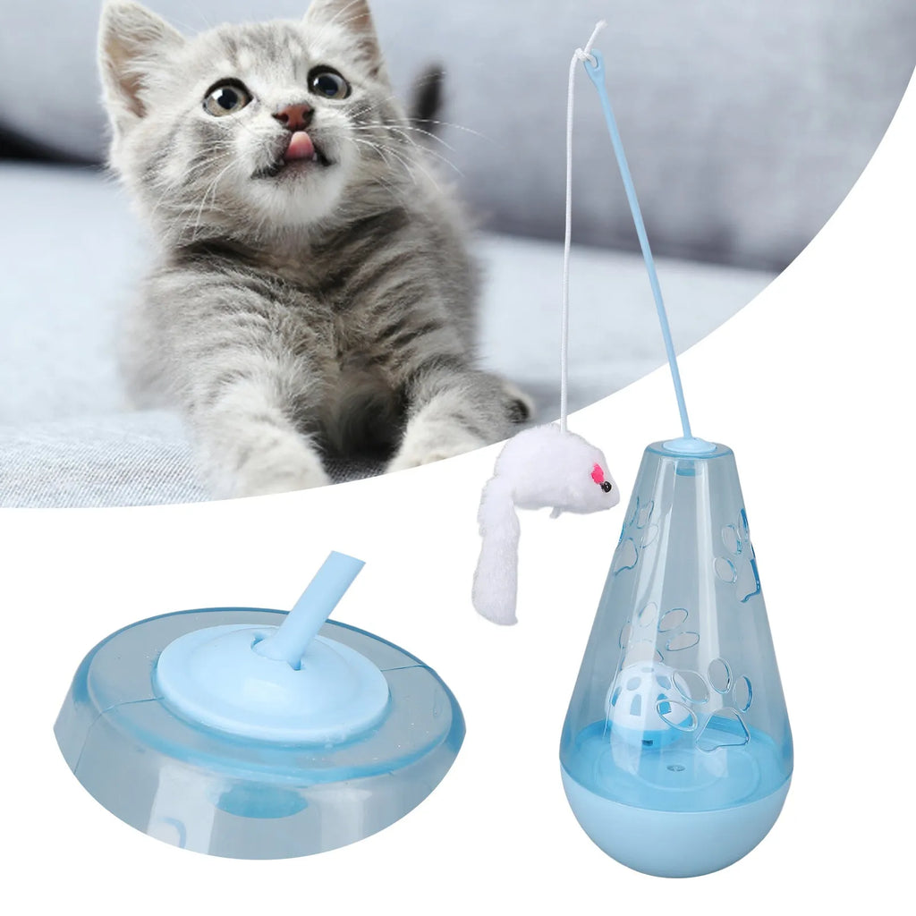 Cat toy with built-in bell ball and plush mouse stick on floor, blue colour, 30cm height