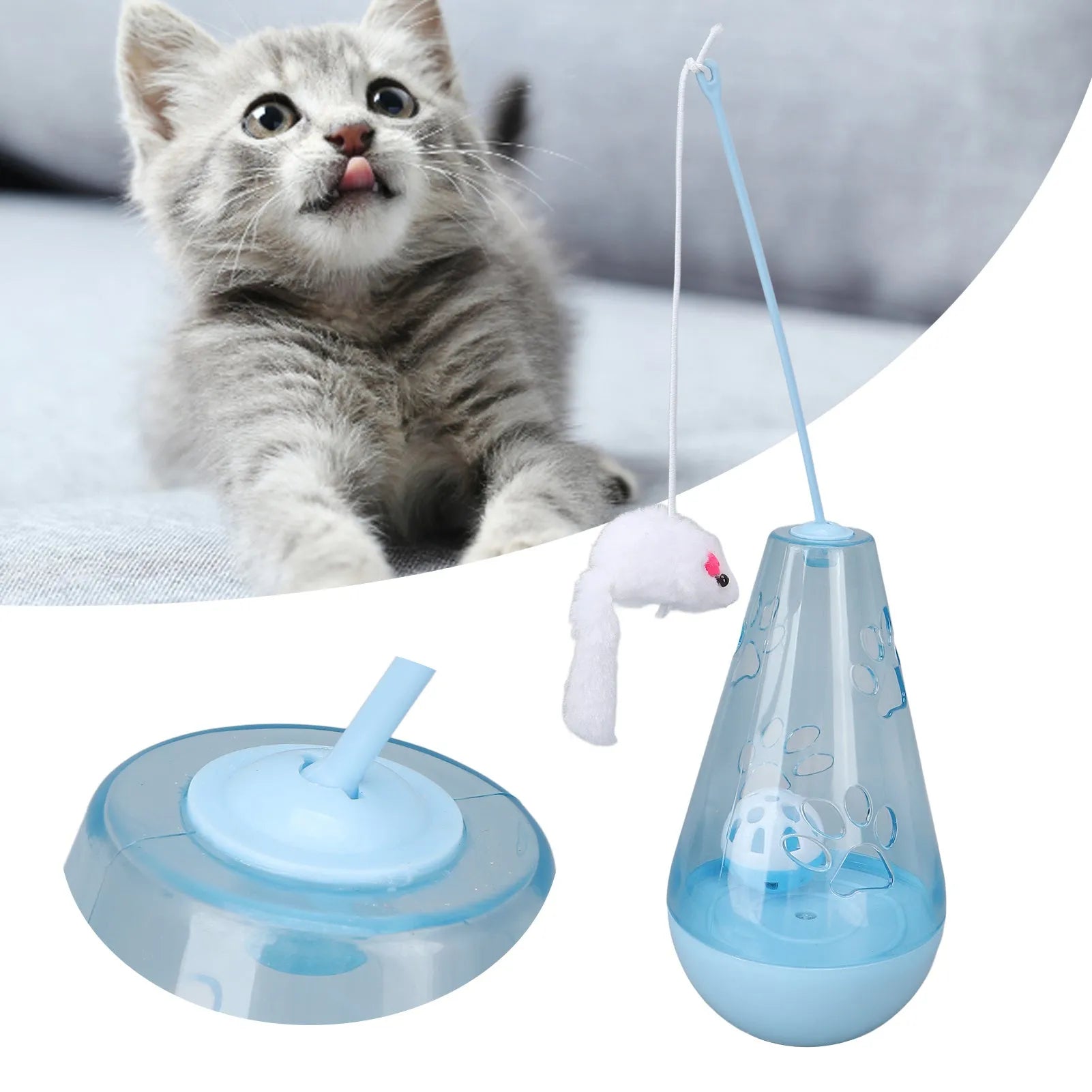 Cat toy with built-in bell ball and plush mouse stick on floor, blue colour, 30cm height