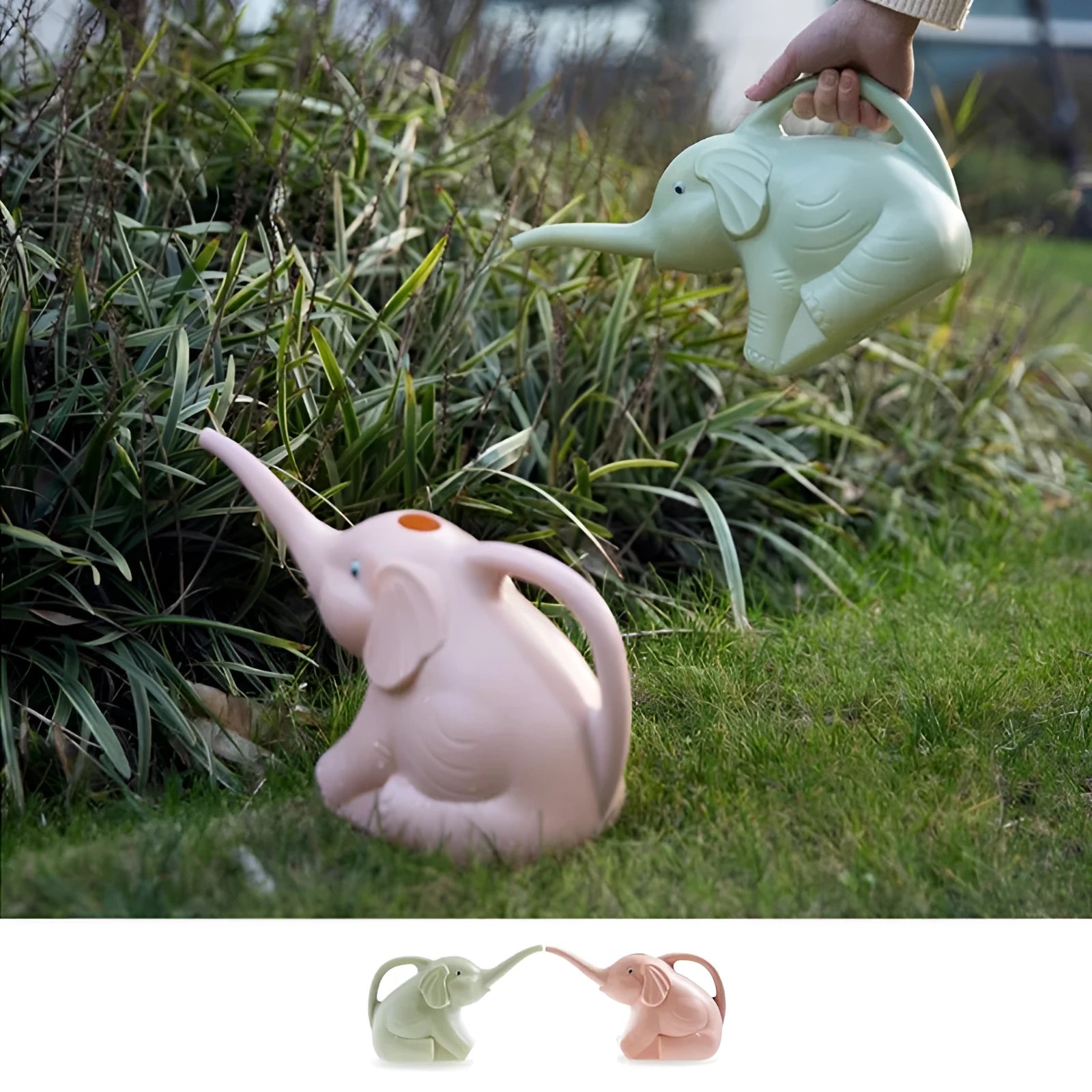 Colourful elephant-shaped children's watering can with long nozzle for gardening