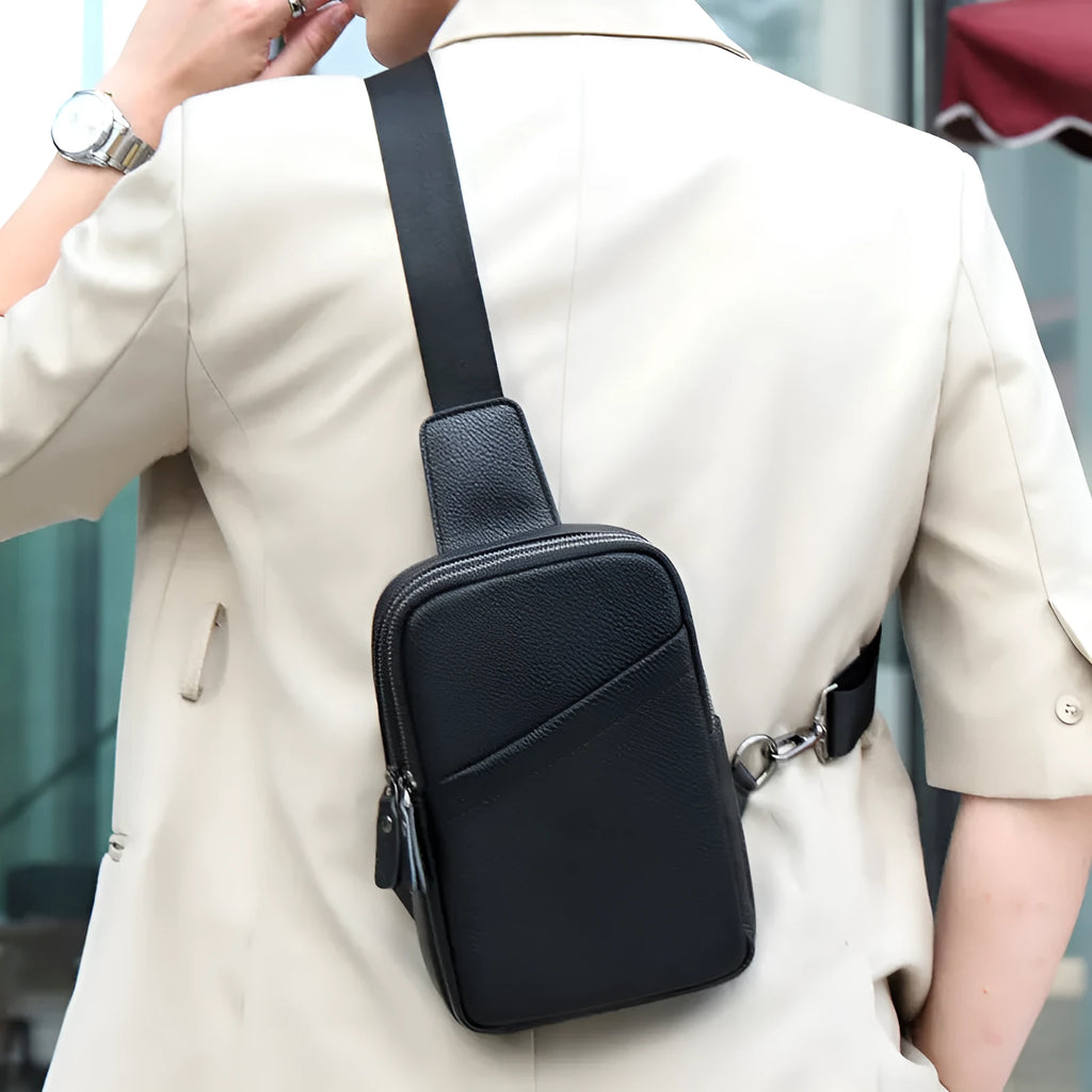 Men's genuine leather crossbody shoulder bag with breathable back in brown, diagonal pocket version