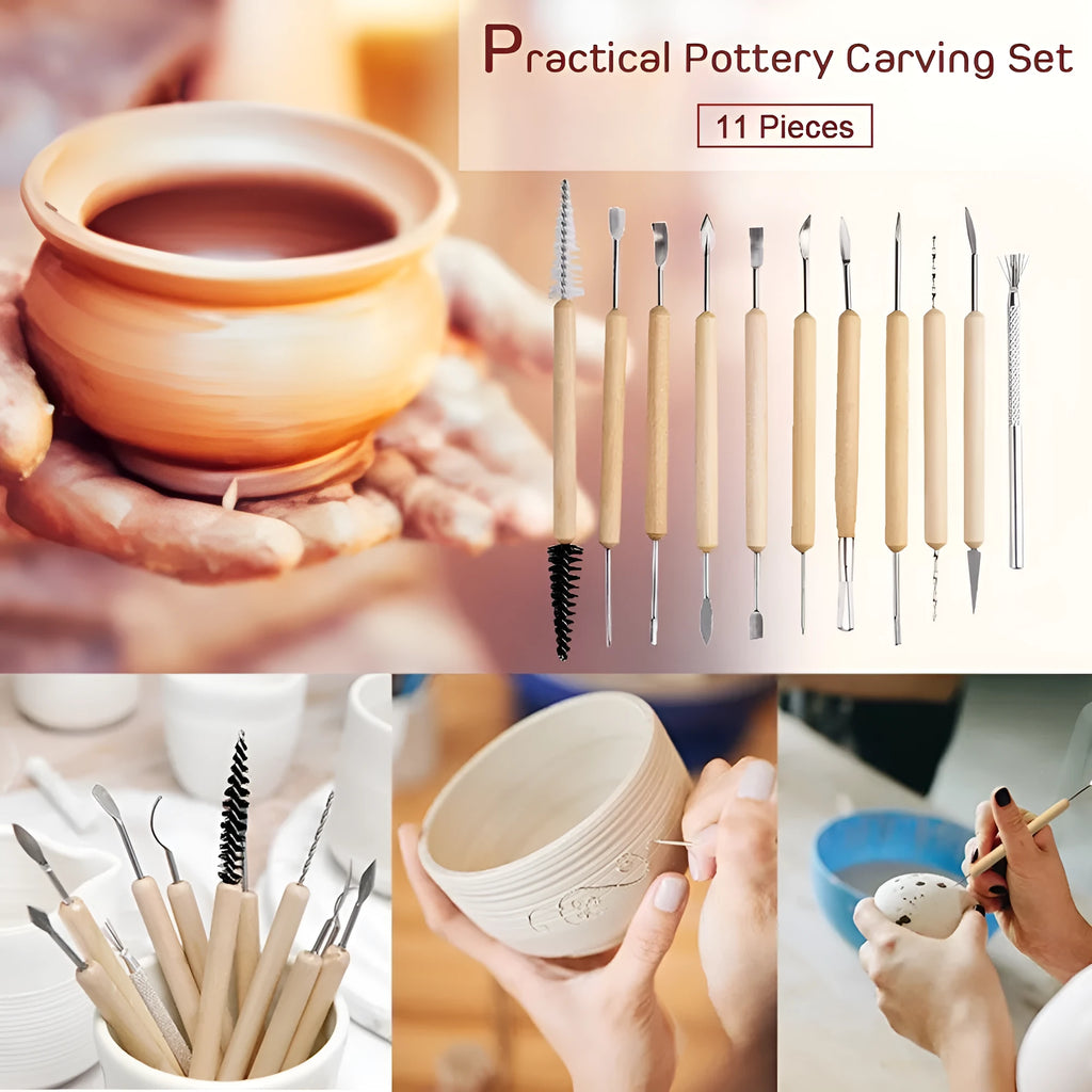 11-piece clay tools set with wooden handles and stainless steel tips displayed on a surface with a blue storage bag