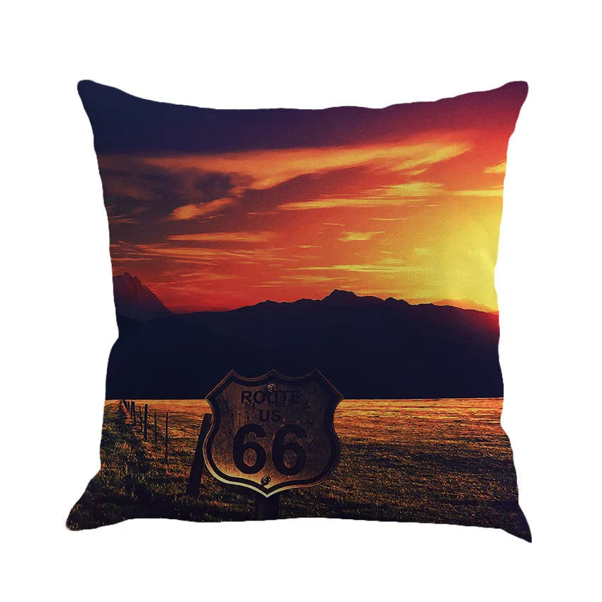 Square linen-blend cushion cover with Route 66 road landscape pattern, shown in one of six available colours.