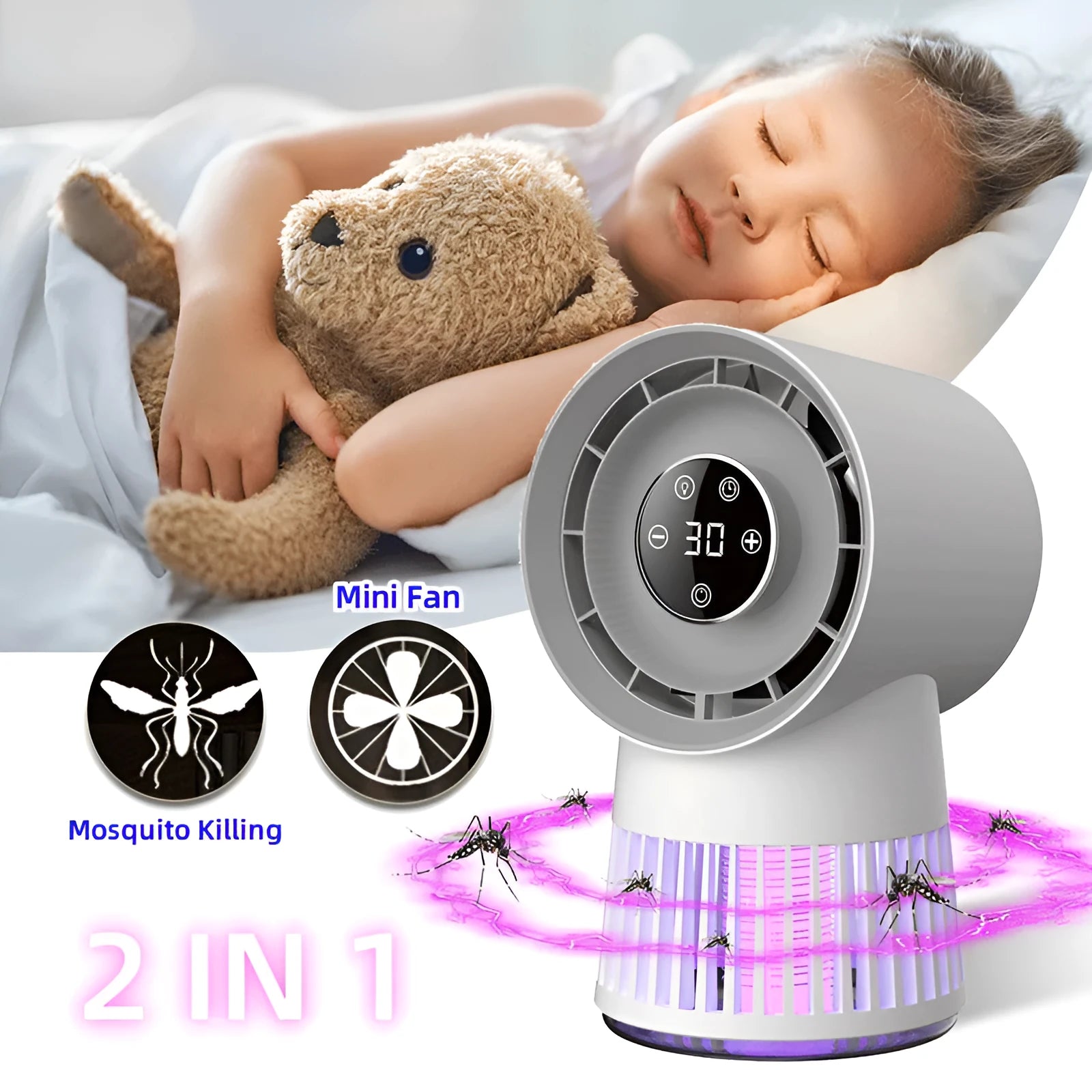 Creative 2-in-1 mosquito killing mini desk fan with night lamp, white plastic, USB rechargeable, 16.5x28x16cm