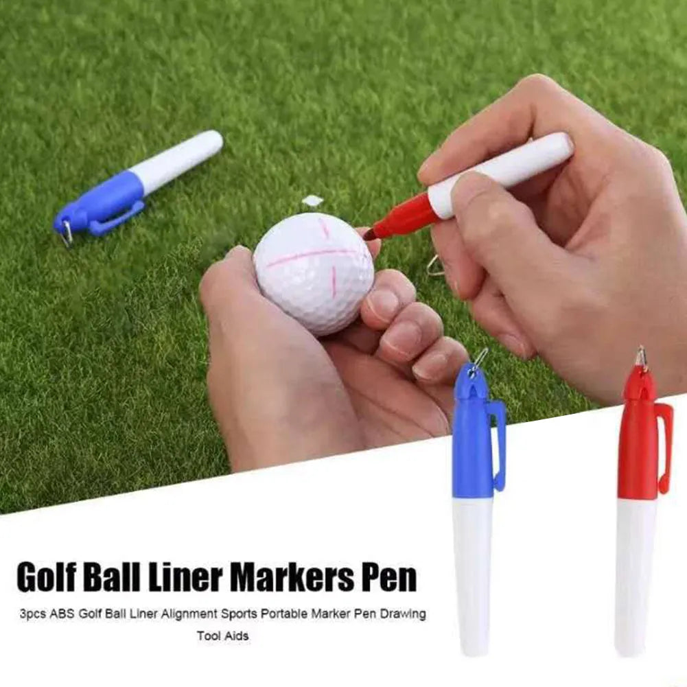 Golf ball line drawing supplies kit with pen package, two alignment tools and markers, clip attached to golf bag
