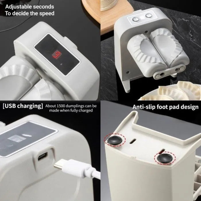 White electric automatic dumpling maker machine with USB power cord and accessories