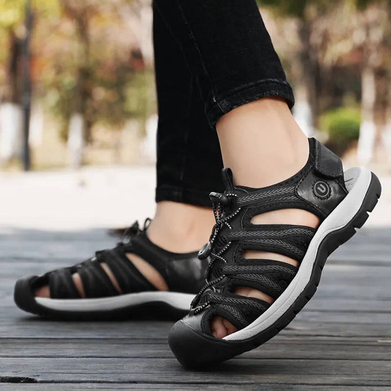 Women's plus size toe box sandals with elastic band, leather mesh upper, round toe, available in black