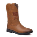 Men's wide square toe cowboy boots with retro embroidery, low horseshoe heel, artificial leather upper, available in brown, black, and khaki