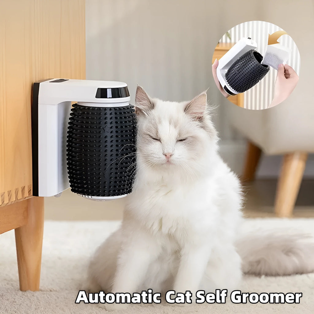 White automatic cat self groomer wall corner brush with ABS frame and silicone bristles, 133 x 96 x 160mm