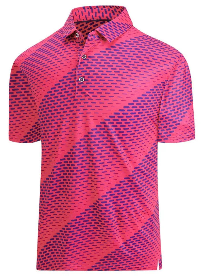 Men's retro-style short sleeve top with 3D print pattern and zipper decorations on mesh fabric