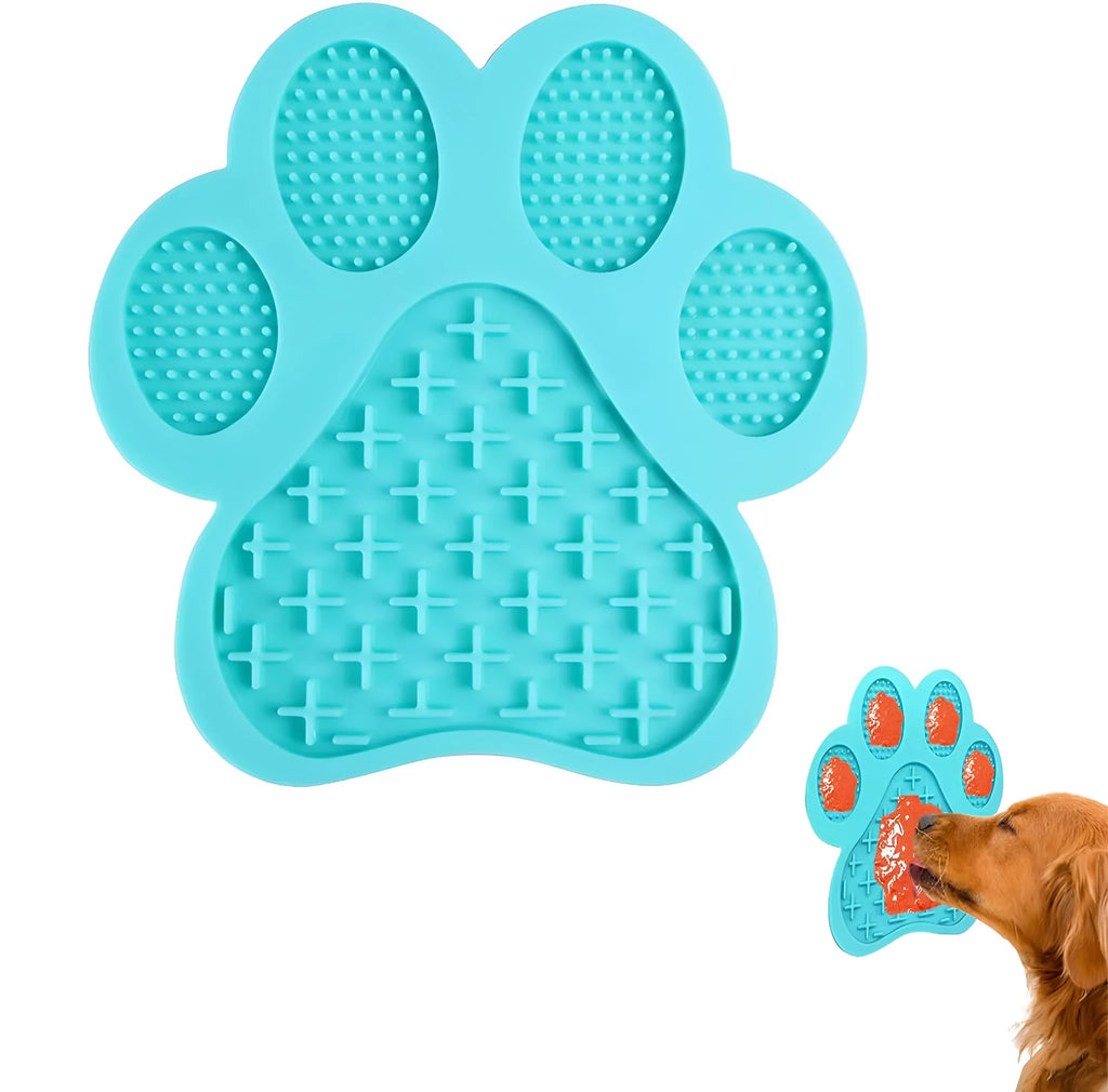 Blue bone-shaped silicone dog licking mat with suction cups on a shower tile.