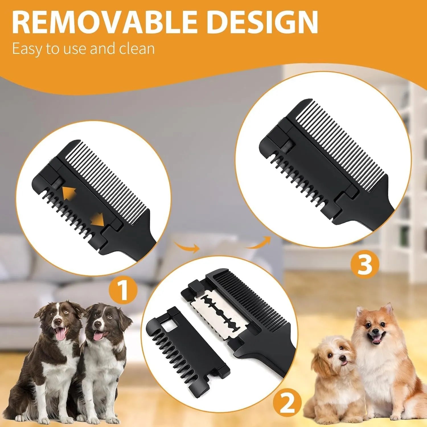 Silver 2-in-1 dog and cat razor comb with comb teeth and trimming blade, shown with spare blades.