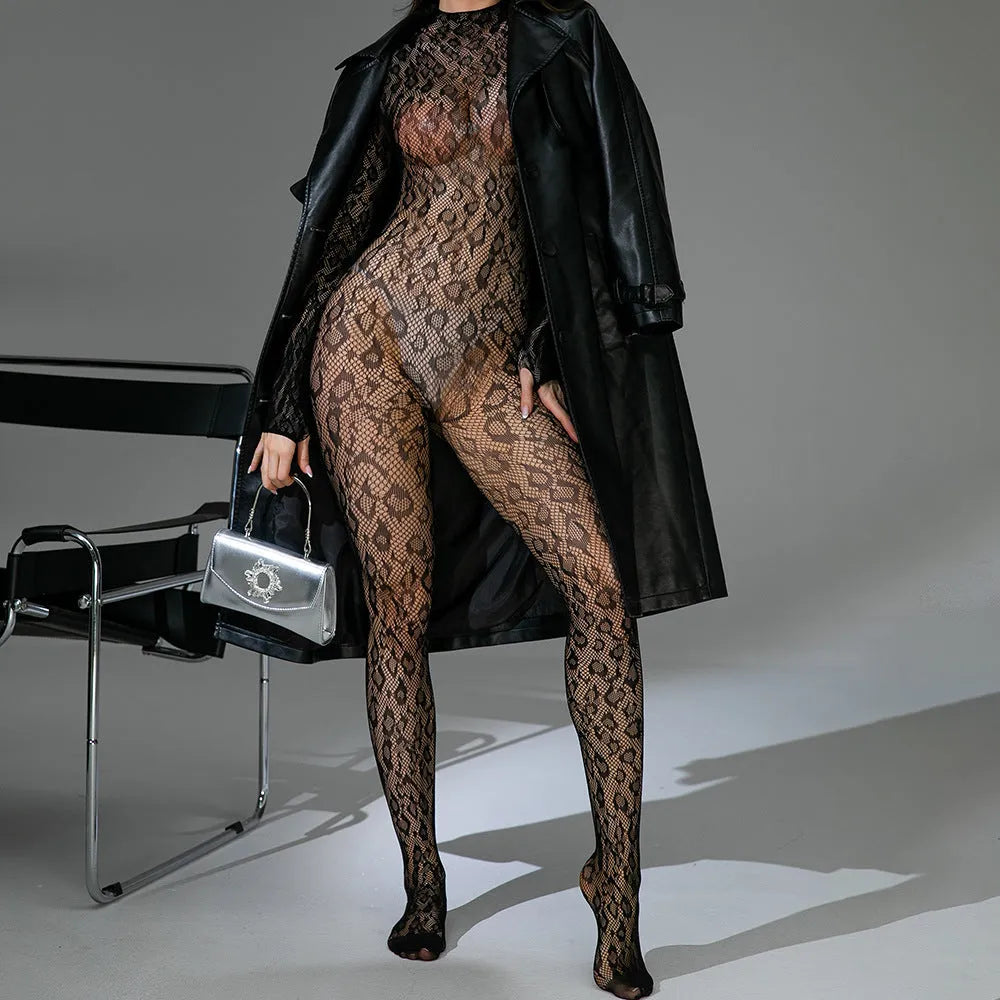 Sexy lingerie fishnet one-piece long sleeves backless jacquard bodysuit in black nylon free size women clubwear