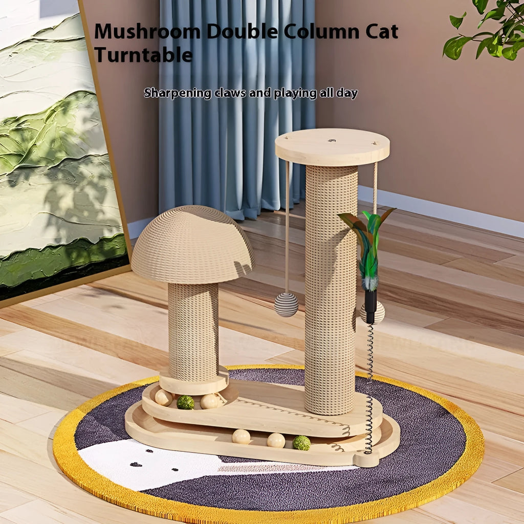 Solid wood cat scratching post with turntable platform in oval mushroom design