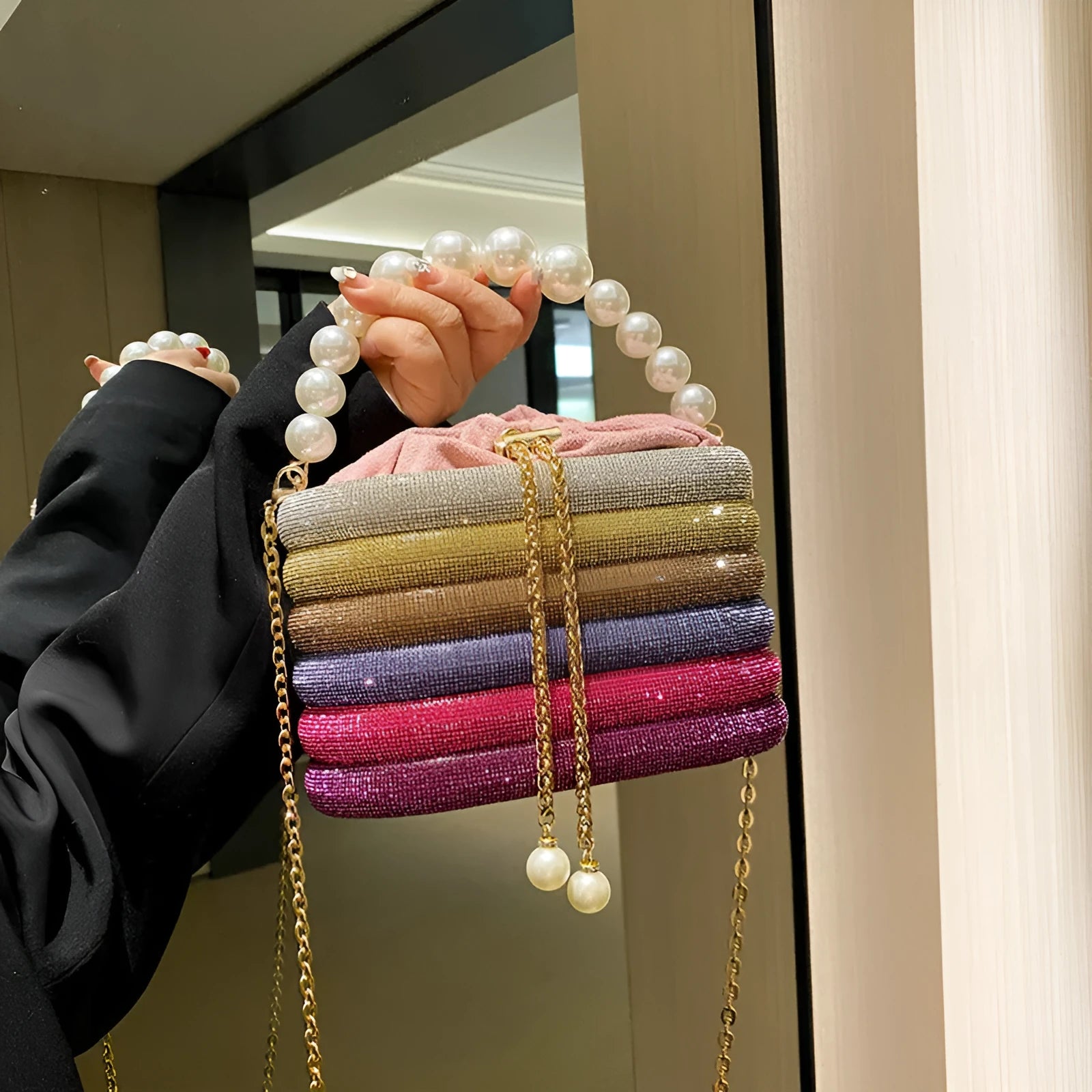 Women's pearl beaded retro evening crossbody bag in black with silver hardware and internal zip compartment