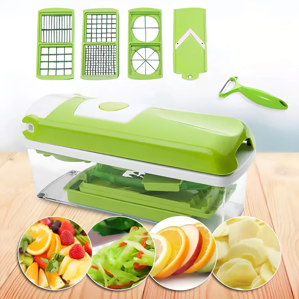 12-piece green hand operated vegetable chopper set with multiple graters and blades on a white background