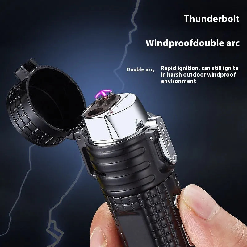 TH727 Multifunction metal flashlight lighter in camouflage, red, black, blue, and yellow colours.