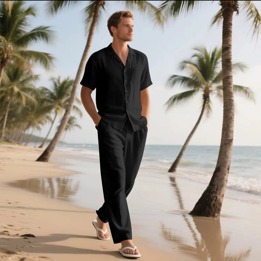 Casual linen blend button polo short sleeve trousers beach suit for men in multiple colours